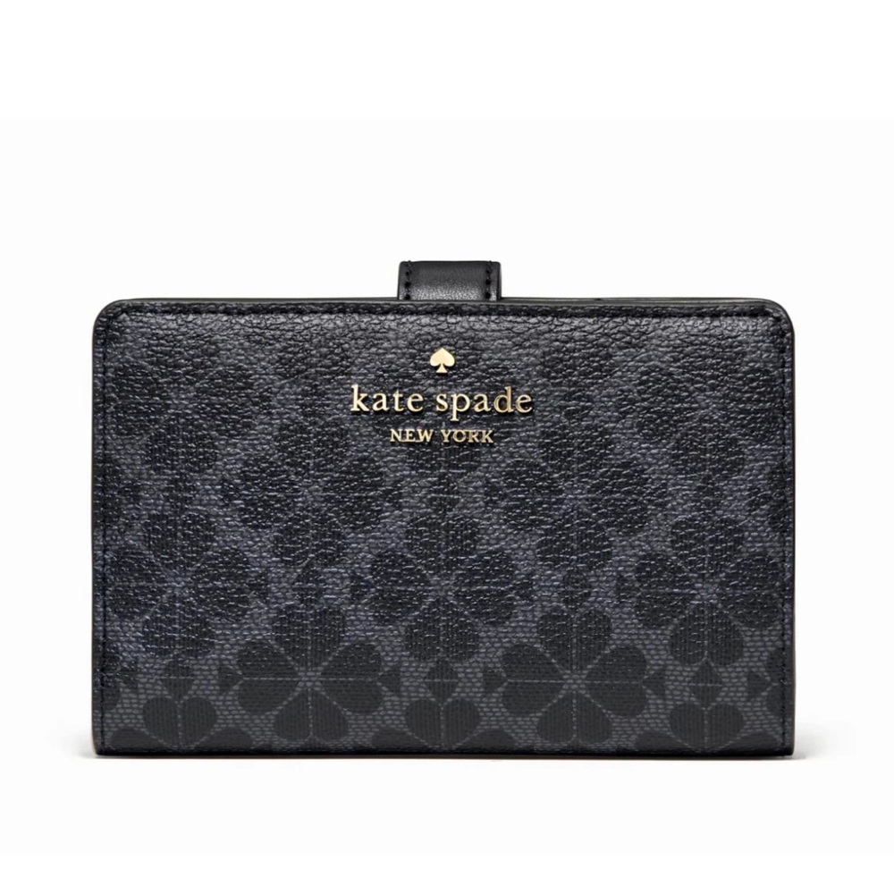 New Kate Spade Signature Spade Flower Medium Compact Bifold Wallet Black
